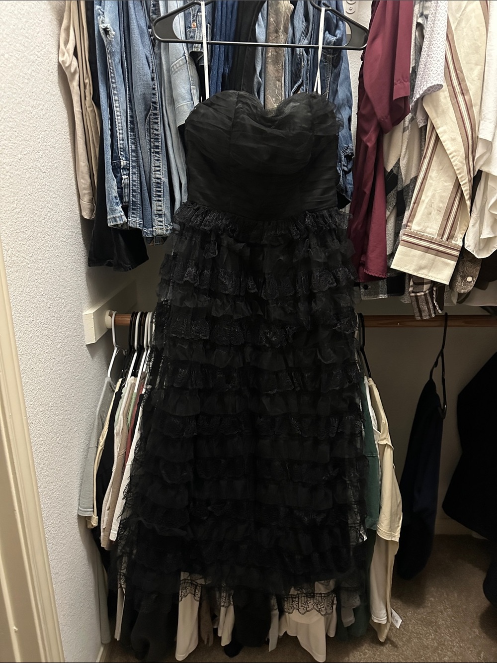 Immensely Exquisite Black Tulle Strapless Tiered Midi Dress - Picture 4 of 6